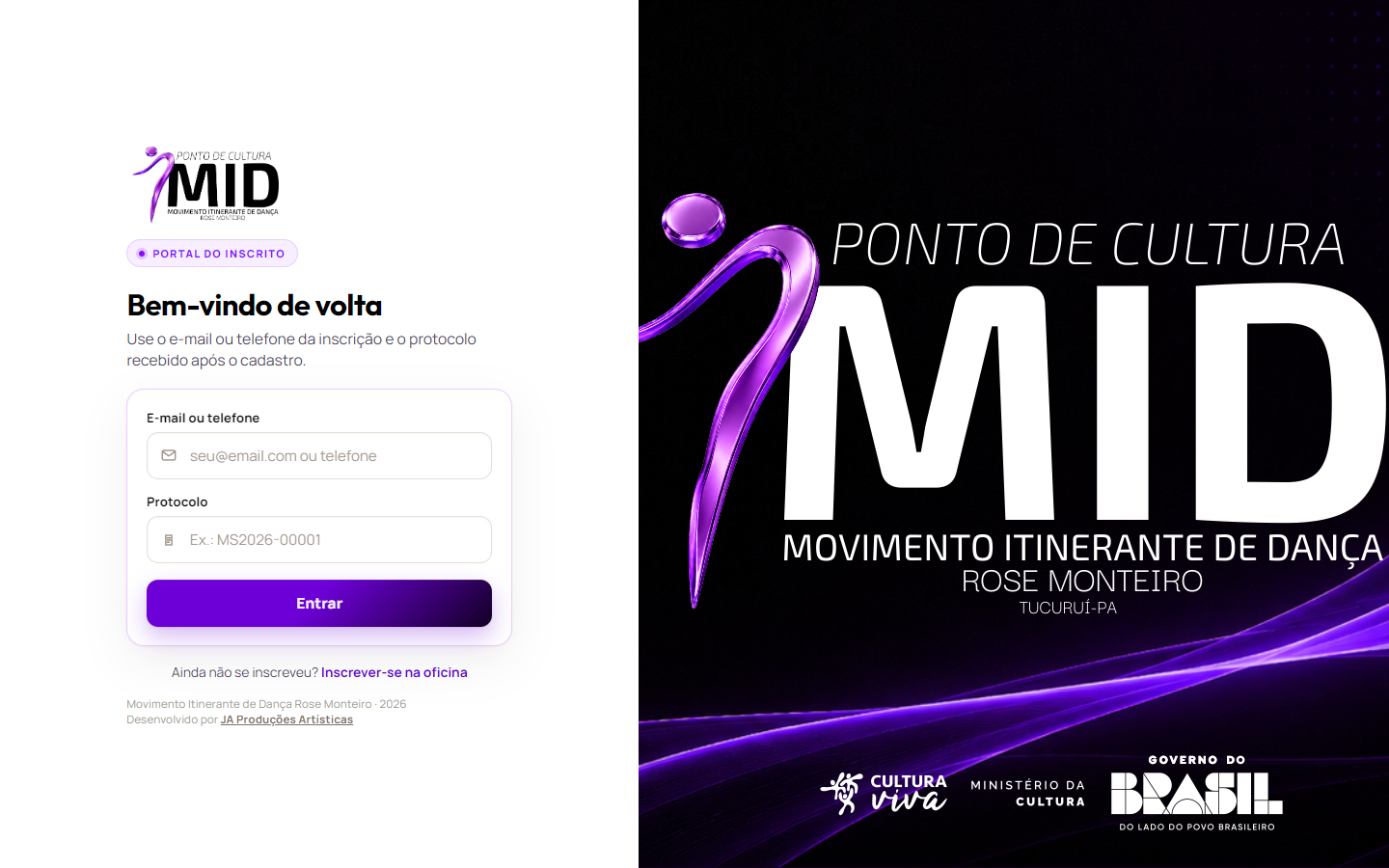 Tela de login do Portal do Inscrito, com campos para contato e protocolo.